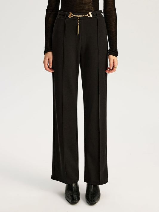 Metal Zincir Kemerli Düz Paça Pantolon