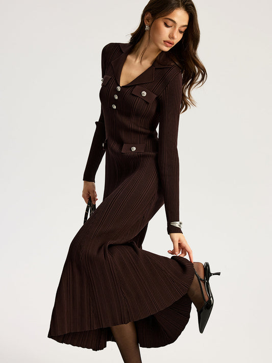 Yaka Metal Detaylı Örme Uzun Elbise