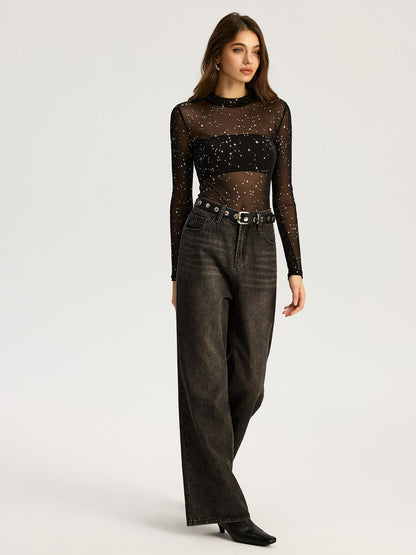 Parıltılı Yıldız Şeffaf File Uzun Kollu Bodysuit