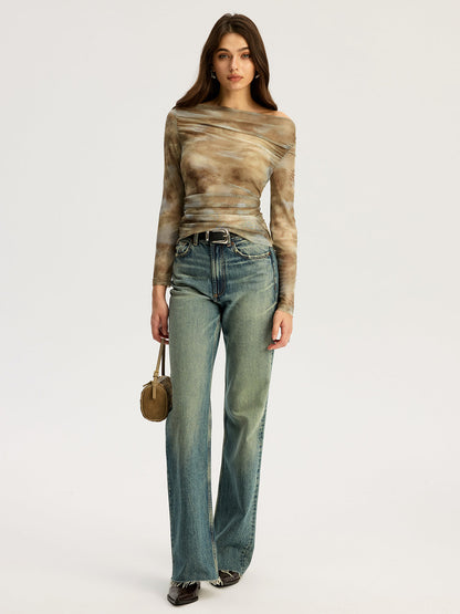 Batik Baskılı Omuzdan Askılı Uzun Kollu Üst