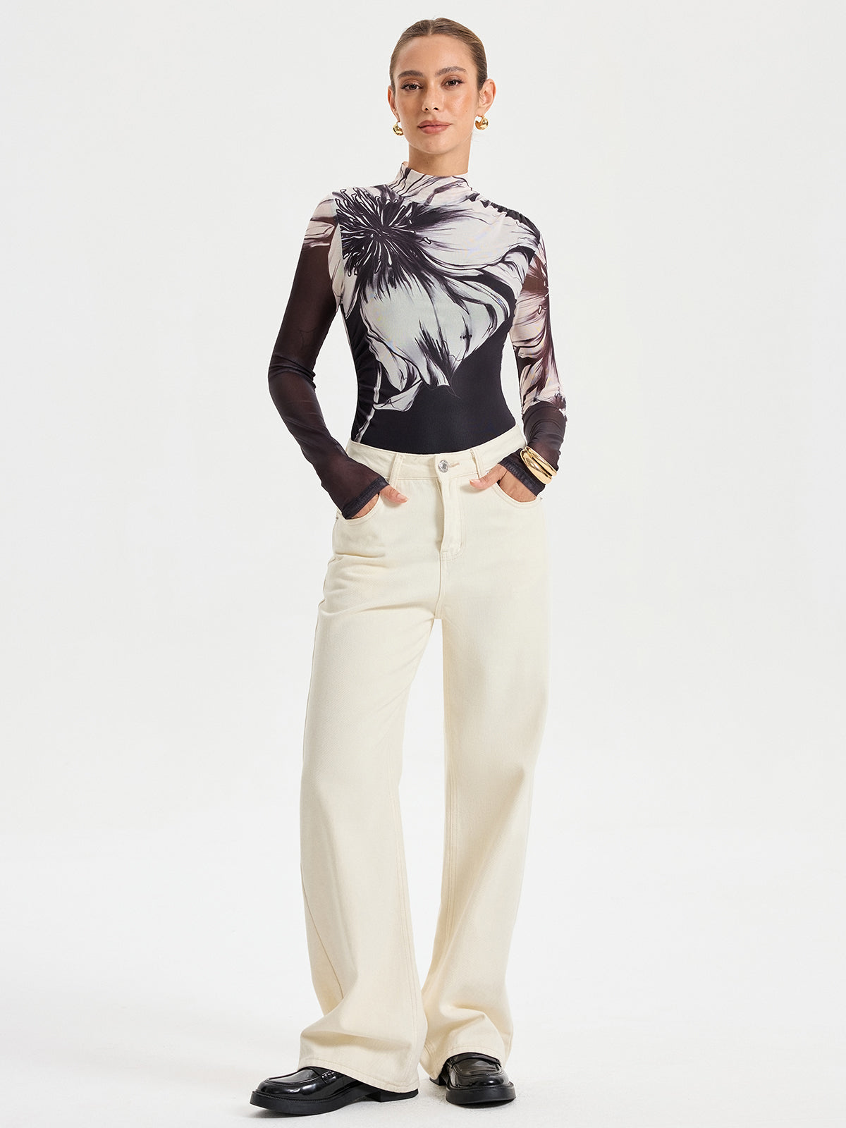 Çiçek Desenli Yerleştirme Baskılı File Bodysuit