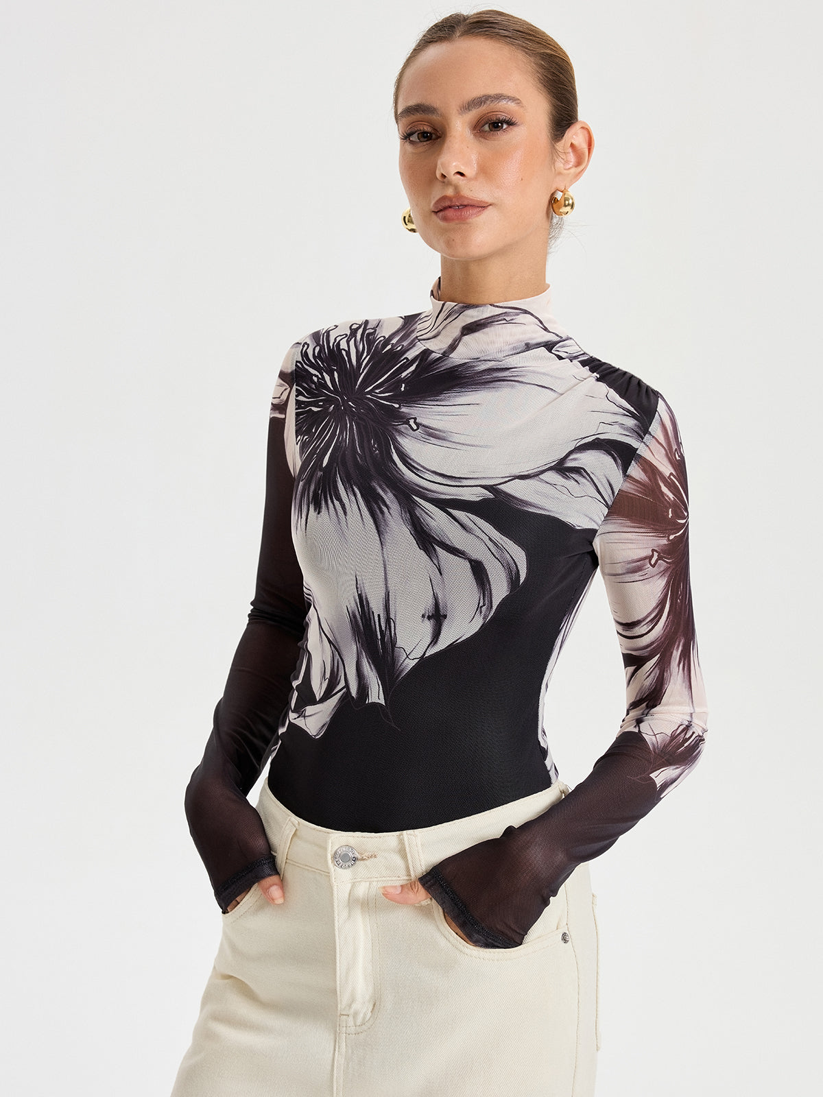 Çiçek Desenli Yerleştirme Baskılı File Bodysuit