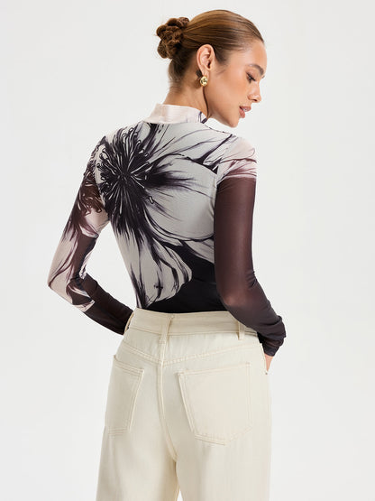 Çiçek Desenli Yerleştirme Baskılı File Bodysuit