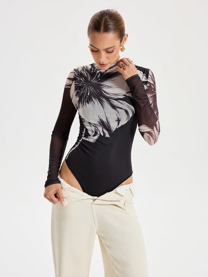 Çiçek Desenli Yerleştirme Baskılı File Bodysuit