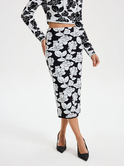 Çiçek Desenli Örme Midi Etek