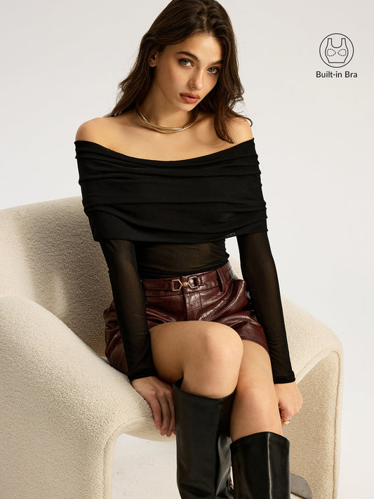 Sütyensiz Omuzdan Askılı Uzun Kollu Tişört