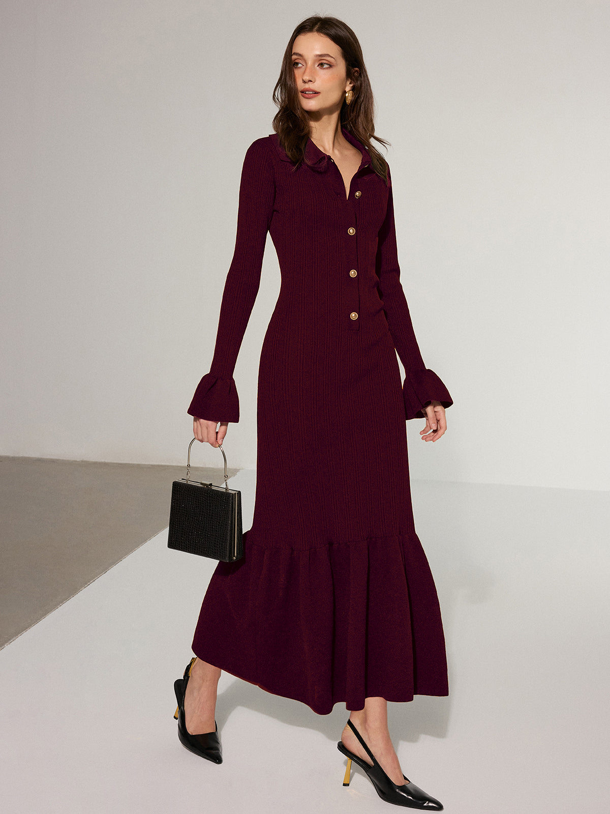 Denizkızı Etek Yaka Örgü Uzun Elbise