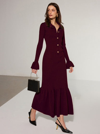 Denizkızı Etek Yaka Örgü Uzun Elbise