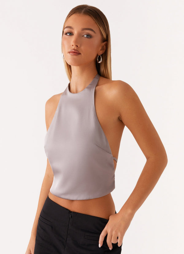 Bree Saten Halter Yaka Üst - Gri