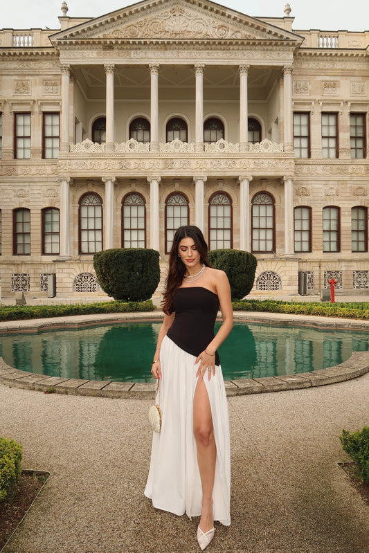 Yırtmaç Detaylı Floral Uzun Elbise