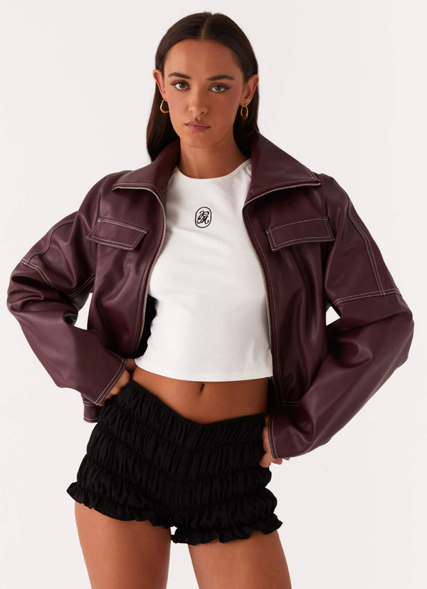 Pu Boxy Jacket - Şarap Rengi