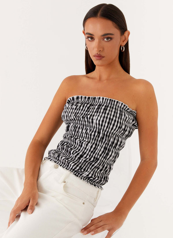 Orion Straplez Büzgülü Üst - Siyah/Beyaz Gingham