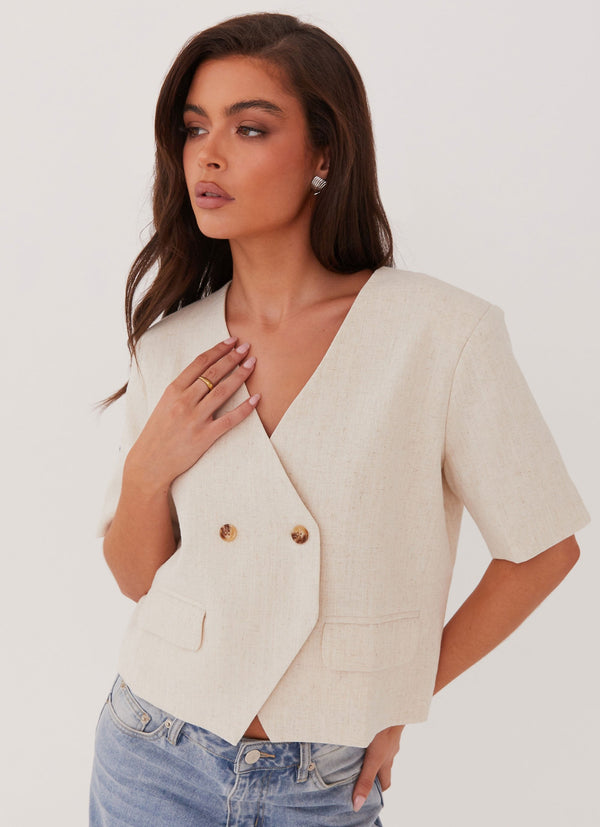 Hacienda Keten Kısa Kollu Blazer - Yulaf Ezmesi