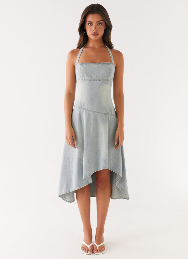 Tanisha Denim Midi Elbise - Yıkanmış Mavi