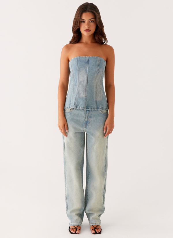 Vino Straplez Kot Üst - Vintage Denim